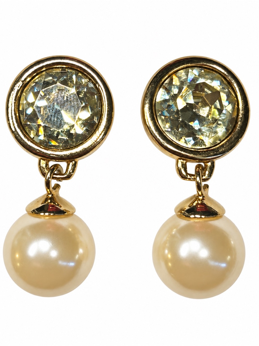 Vintage Gold Tone Rhinestone & Faux Pearl Drop Clip-On Earrings (1980s–1990s)